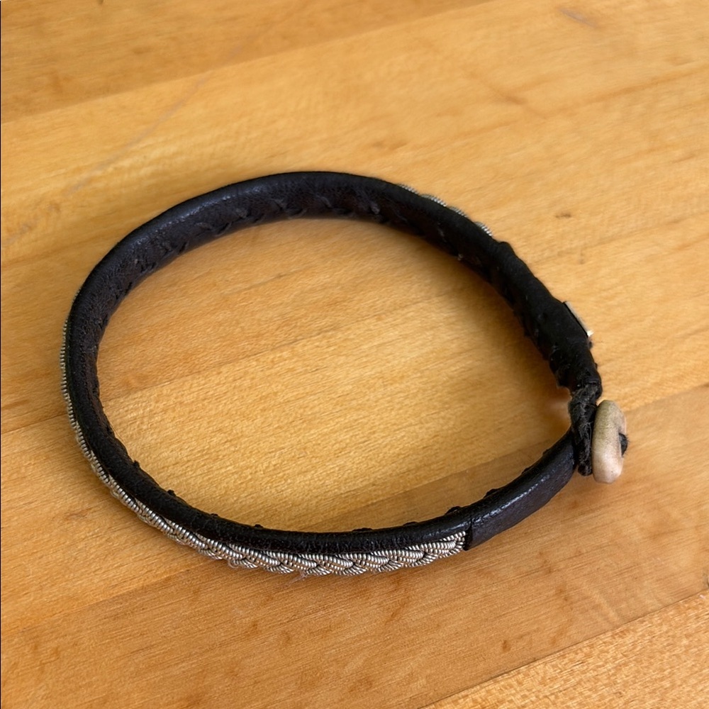 Swedish Sami reindeer black leather and pewter braided bracelet. Unisex.